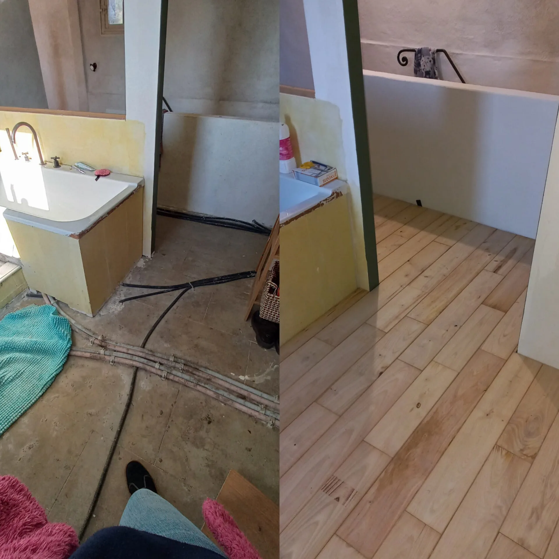 Pose de parquet, salle de bains — Bricol' Girl